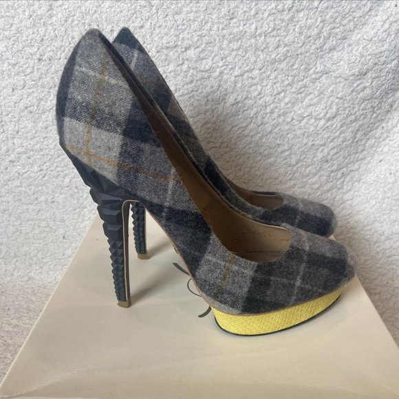 RACHEL Rachel Roy Shoes - RACHEL Rachel Roy Plaid Platform Heels - Gray and Yellow